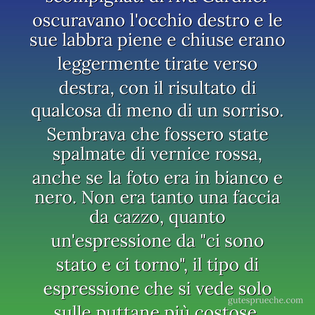 Nella foto, i capelli neri scompigliati di Ava Gardner oscuravano l'occhio destro e le sue labbra piene e chiuse erano leggermente tirate verso destra, con il risultato di qualcosa di meno di un sorriso. Sembrava che fossero state spalmate di vernice rossa, anche se la foto era in bianco e nero. Non era tanto una faccia da cazzo, quanto un'espressione da "ci sono stato e ci torno", il tipo di espressione che si vede solo sulle puttane più costose. - Barry Gifford