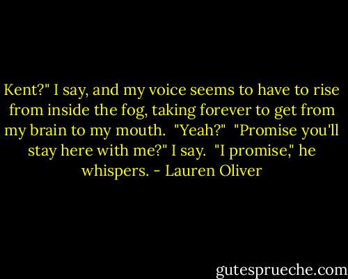 Kent?" I say, and my voice seems to have to rise from inside the fog, taking forever to get from my brain to my mouth.<br /><br />"Yeah?"<br /><br />"Promise you'll stay here with me?" I say.<br /><br />"I promise," he whispers. - Lauren Oliver