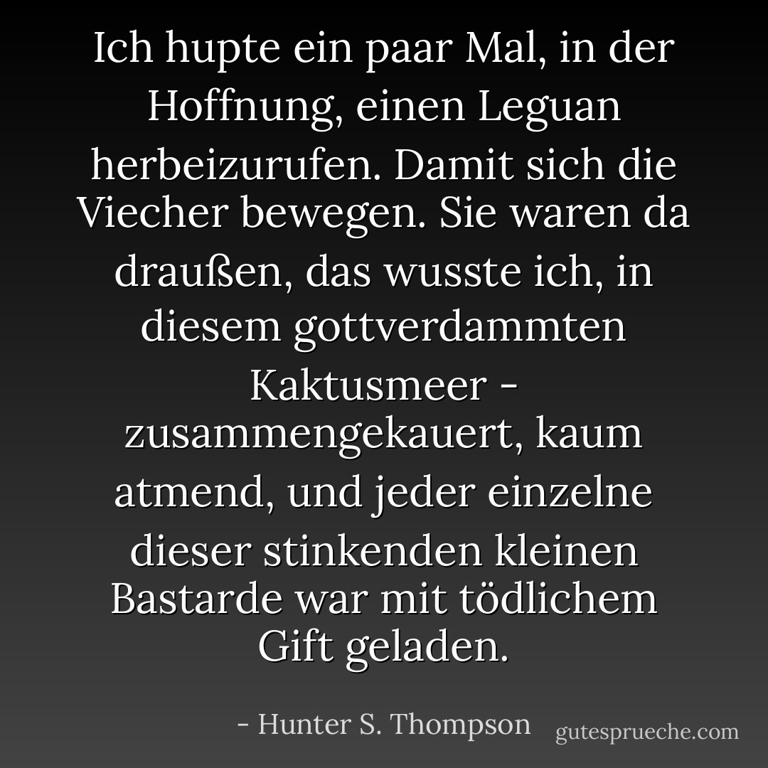 Ich hupte ein paar Mal, in der Hoffnung, einen Leguan herbeizurufen. Damit sich die Viecher bewegen. Sie waren da draußen, das wusste ich, in diesem gottverdammten Kaktusmeer - zusammengekauert, kaum atmend, und jeder einzelne dieser stinkenden kleinen Bastarde war mit tödlichem Gift geladen. - Hunter S. Thompson<