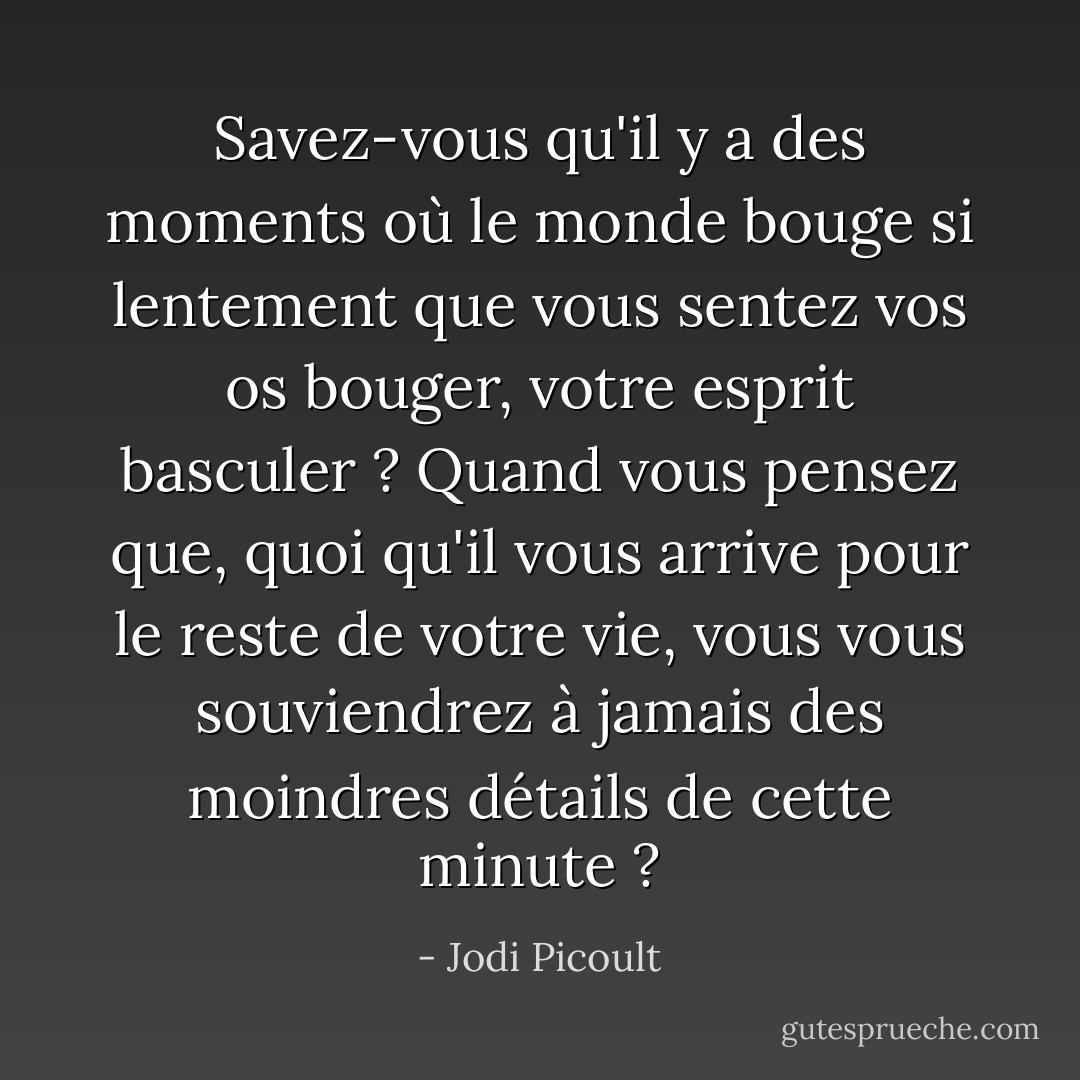 Savez-vous qu'il y a des moments où le monde bouge si lentement que vous sentez vos os bouger, votre esprit basculer ? Quand vous pensez que, quoi qu'il vous arrive pour le reste de votre vie, vous vous souviendrez à jamais des moindres détails de cette minute ? - Jodi Picoult