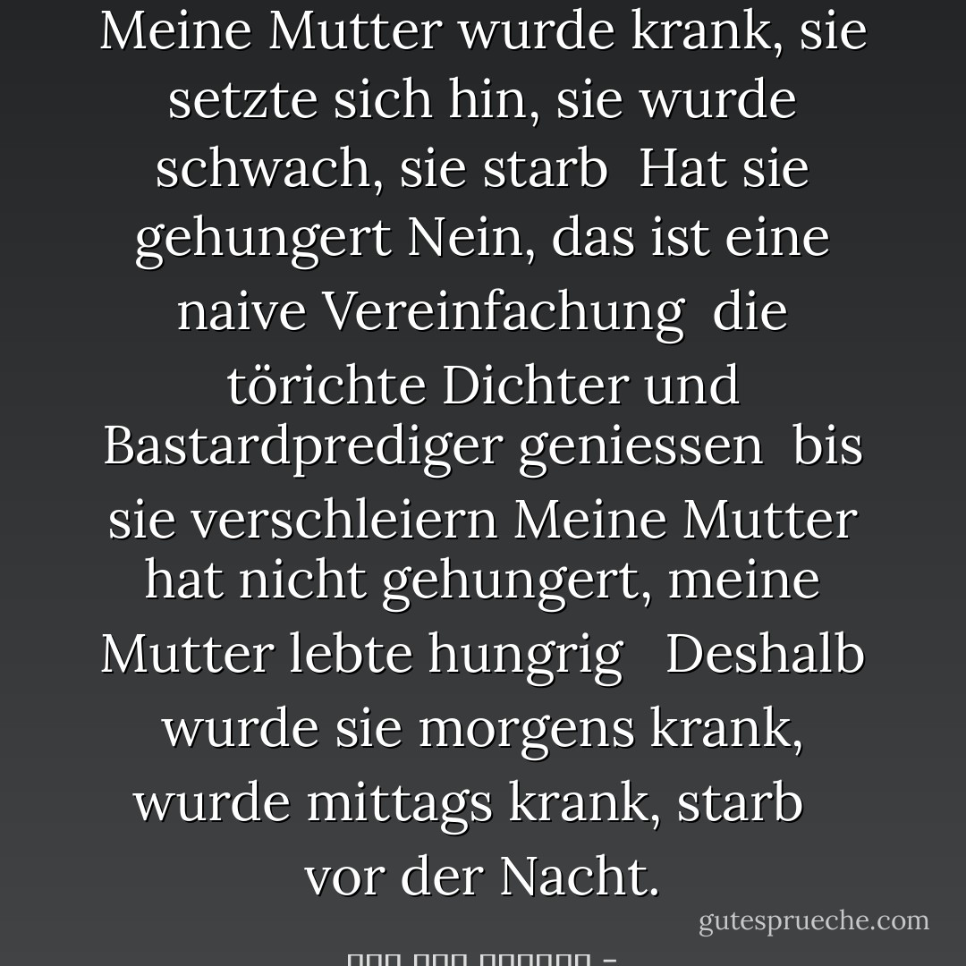 Meine Mutter wurde krank, sie setzte sich hin, sie wurde schwach, sie starb<br /><br />Hat sie gehungert Nein, das ist eine naive Vereinfachung<br /><br />die törichte Dichter und Bastardprediger geniessen<br /><br />bis sie verschleiern Meine Mutter hat nicht gehungert, meine Mutter lebte hungrig<br /><br /><br />Deshalb wurde sie morgens krank, wurde mittags krank, starb<br /><br /><br />vor der Nacht. - صلاح عبد الصبور<