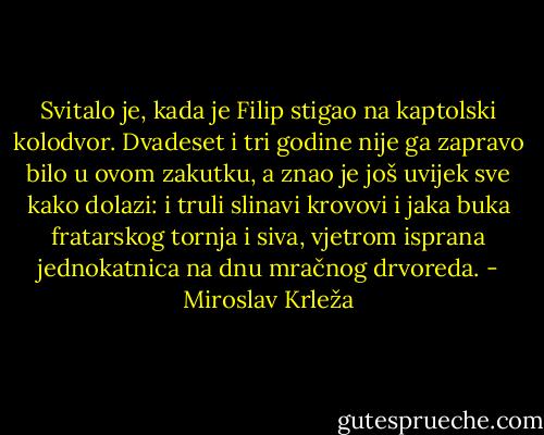 Svitalo je, kada je Filip stigao na kaptolski kolodvor. Dvadeset i tri godine nije ga zapravo bilo u ovom zakutku, a znao je još uvijek sve kako dolazi: i truli slinavi krovovi i jaka buka fratarskog tornja i siva, vjetrom isprana jednokatnica na dnu mračnog drvoreda. - Miroslav Krleža