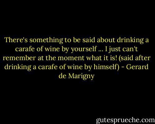 There's something to be said about drinking a carafe of wine by yourself ... I just can't remember at the moment what it is! (said after drinking a carafe of wine by himself) - Gerard de Marigny