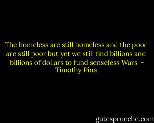 The homeless are still homeless and the poor are still poor but yet we still find billions and  billions of dollars to fund senseless Wars  - Timothy Pina