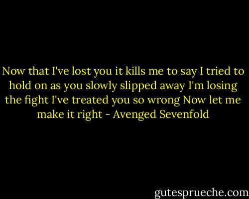 Now that I've lost you it kills me to say<br />I tried to hold on as you slowly slipped away<br />I'm losing the fight<br />I've treated you so wrong<br />Now let me make it right - Avenged Sevenfold