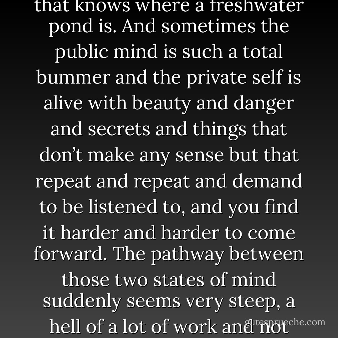 All of us have two minds, a private one, which is usually strange, I guess, and symbolic, and a public one, a social one. Most of us stream back and forth between those two minds, drifting around in our private self and then coming forward into the public self whenever we need to. But sometimes you get a little slow making the transition, you drag out the private part of your life and people know you’re doing it. They almost always catch on, knowing that someone is standing before them thinking about things that can’t be shared, like the one monkey that knows where a freshwater pond is. And sometimes the public mind is such a total bummer and the private self is alive with beauty and danger and secrets and things that don’t make any sense but that repeat and repeat and demand to be listened to, and you find it harder and harder to come forward. The pathway between those two states of mind suddenly seems very steep, a hell of a lot of work and not really worth it. Then I think it becomes a matter of what side of the great divide you get caught on. Some people get stuck on the public, approved side and they’re all right, for what it’s worth. And some people get stuck on the completely strange and private side of the divide, and that’s what we call crazy and its not really completely wrong to call it that but it doesn’t say it as it truly is. It’s more like a lack of mobility, a transportation problem, getting stuck, being the us we are in private but not stopping… - Scott   Spencer