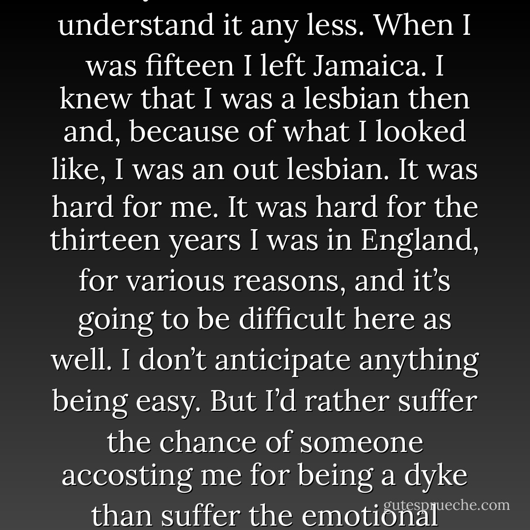 Just because I’ve been gone from this country for most of my life doesn’t mean I understand it any less. When I was fifteen I left Jamaica. I knew that I was a lesbian then and, because of what I looked like, I was an out lesbian. It was hard for me. It was hard for the thirteen years I was in England, for various reasons, and it’s going to be difficult here as well. I don’t anticipate anything being easy. But I’d rather suffer the chance of someone accosting me for being a dyke than suffer the emotional violence I’d do to myself if I wasn’t honest about who I am. - Fiona Zedde