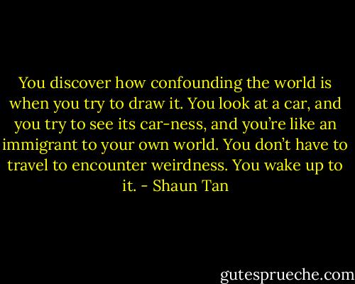 You discover how confounding the world is when you try to draw it. You look at a car, and you try to see its car-ness, and you’re like an immigrant to your own world. You don’t have to travel to encounter weirdness. You wake up to it. - Shaun Tan