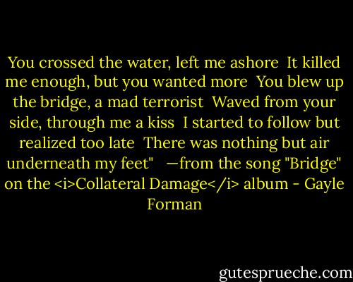 You crossed the water, left me ashore<br /> It killed me enough, but you wanted more<br /> You blew up the bridge, a mad terrorist<br /> Waved from your side, through me a kiss<br /> I started to follow but realized too late<br /> There was nothing but air underneath my feet"<br /><br /> —from the song "Bridge" on the <i>Collateral Damage</i> album - Gayle Forman