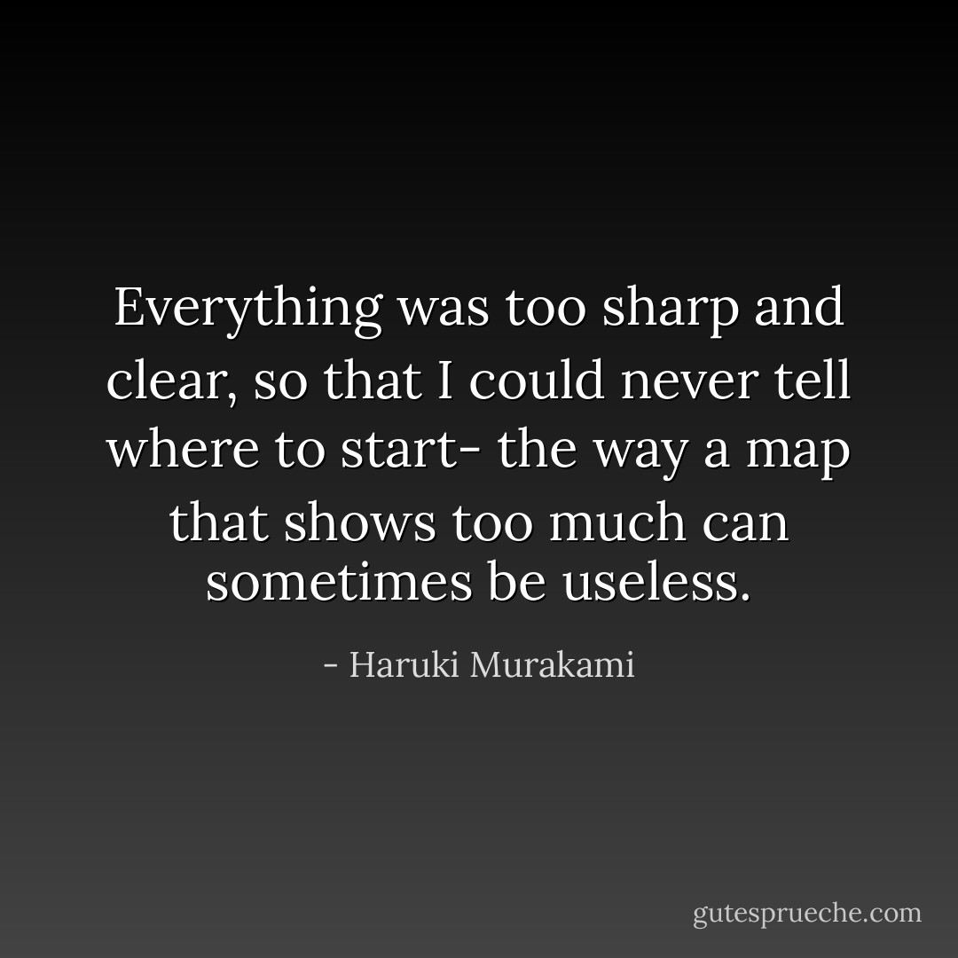 Everything was too sharp and clear, so that I could never tell where to start- the way a map that shows too much can sometimes be useless. - Haruki Murakami