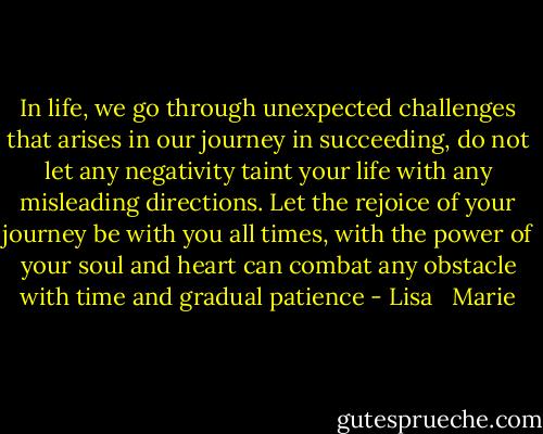 In life, we go through unexpected challenges that arises in our journey in succeeding, do not let any negativity taint your life with any misleading directions. Let the rejoice of your journey be with you all times, with the power of your soul and heart can combat any obstacle with time and gradual patience - Lisa   Marie