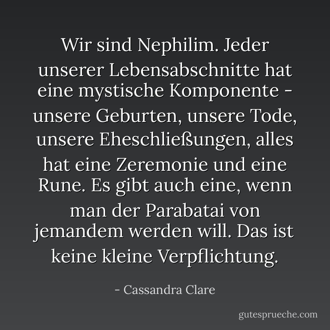 Wir sind Nephilim. Jeder unserer Lebensabschnitte hat eine mystische Komponente - unsere Geburten, unsere Tode, unsere Eheschließungen, alles hat eine Zeremonie und eine Rune. Es gibt auch eine, wenn man der Parabatai von jemandem werden will. Das ist keine kleine Verpflichtung. - Cassandra Clare<
