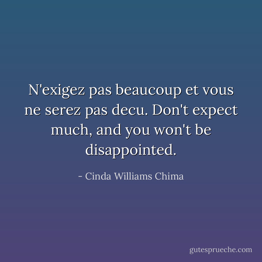 N'exigez pas beaucoup et vous ne serez pas decu. Don't expect much, and you won't be disappointed. - Cinda Williams Chima