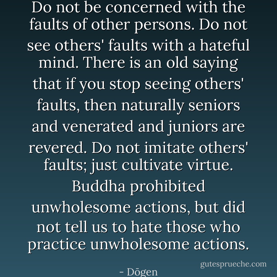 Do not be concerned with the faults of other persons. Do not see others' faults with a hateful mind. There is an old saying that if you stop seeing others' faults, then naturally seniors and venerated and juniors are revered. Do not imitate others' faults; just cultivate virtue. Buddha prohibited unwholesome actions, but did not tell us to hate those who practice unwholesome actions. - Dōgen