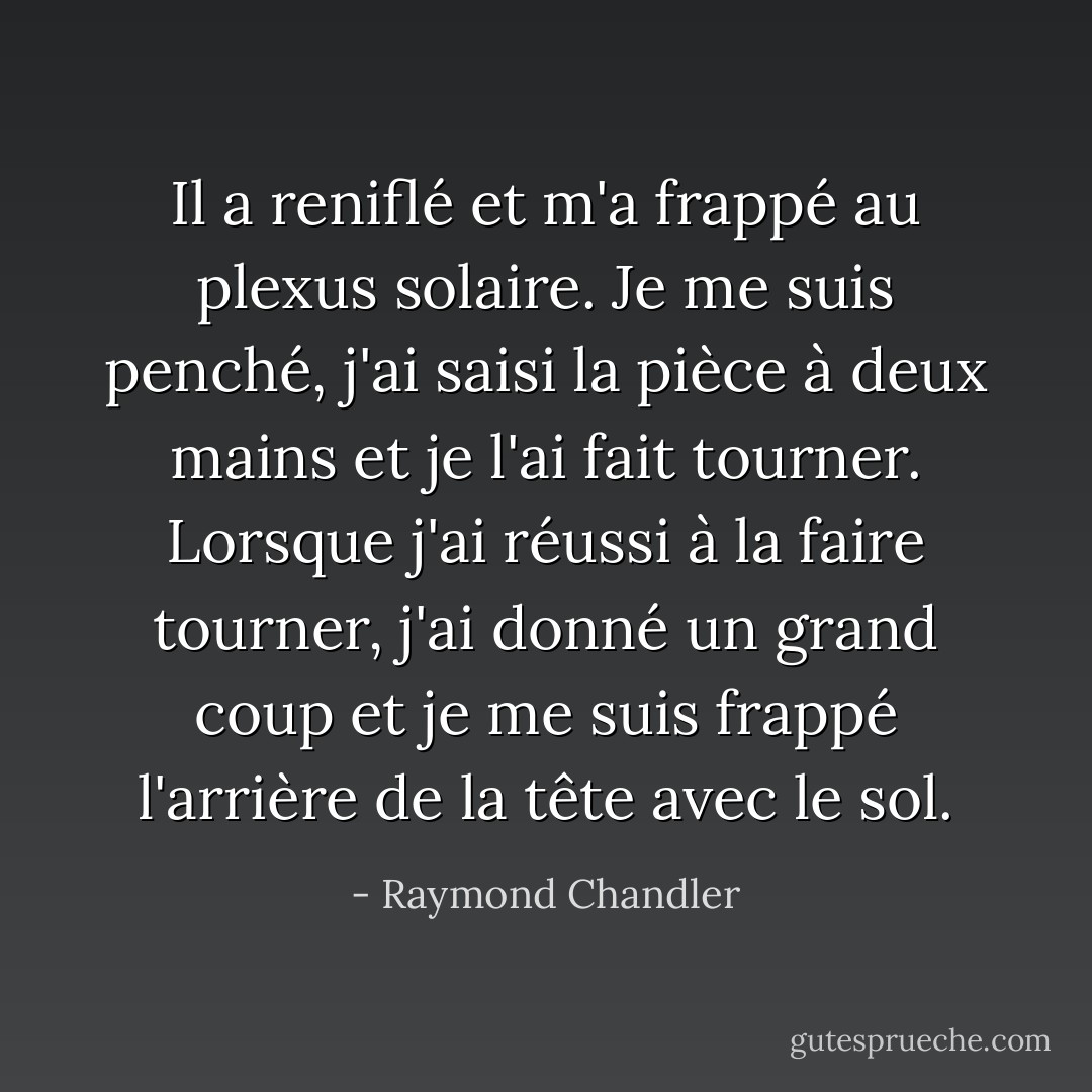 Il a reniflé et m'a frappé au plexus solaire. Je me suis penché, j'ai saisi la pièce à deux mains et je l'ai fait tourner. Lorsque j'ai réussi à la faire tourner, j'ai donné un grand coup et je me suis frappé l'arrière de la tête avec le sol. - Raymond Chandler