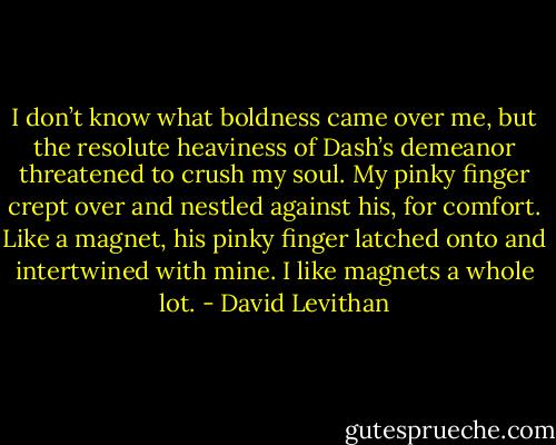 I don’t know what boldness came over me, but the resolute heaviness of Dash’s demeanor threatened to crush my soul. My pinky finger crept over and nestled against his, for comfort. Like a magnet, his pinky finger latched onto and intertwined with mine. I like magnets a whole lot. - David Levithan