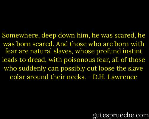 Somewhere, deep down him, he was scared, he was born scared. And those who are born with fear are natural slaves, whose profund instint leads to dread, with poisonous fear, all of those who suddenly can possibly cut loose the slave colar around their necks. - D.H. Lawrence