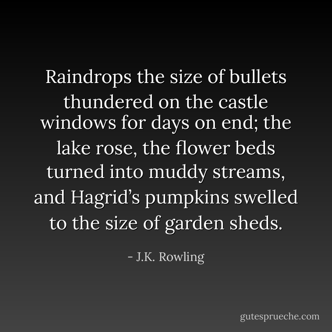 Raindrops the size of bullets thundered on the castle windows for days on end; the lake rose, the flower beds turned into muddy streams, and Hagrid’s pumpkins swelled to the size of garden sheds. - J.K. Rowling