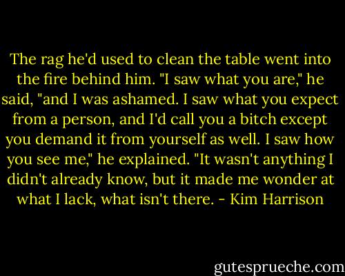 The rag he'd used to clean the table went into the fire behind him. "I saw what you are," he said, "and I was ashamed. I saw what you expect from a person, and I'd call you a bitch except you demand it from yourself as well. I saw how you see me," he explained. "It wasn't anything I didn't already know, but it made me wonder at what I lack, what isn't there. - Kim Harrison