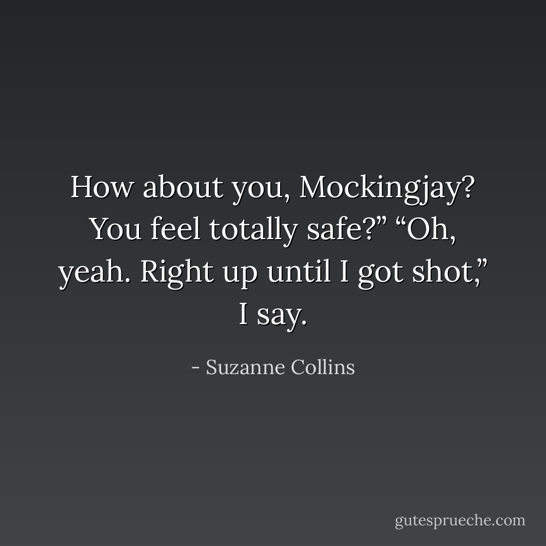 How about you, Mockingjay? You feel totally safe?” “Oh, yeah. Right up until I got shot,” I say. - Suzanne Collins