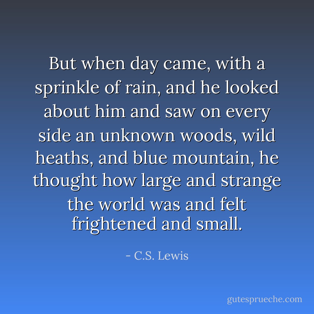 But when day came, with a sprinkle of rain, and he looked about him and saw on every side an unknown woods, wild heaths, and blue mountain, he thought how large and strange the world was and felt frightened and small. - C.S. Lewis