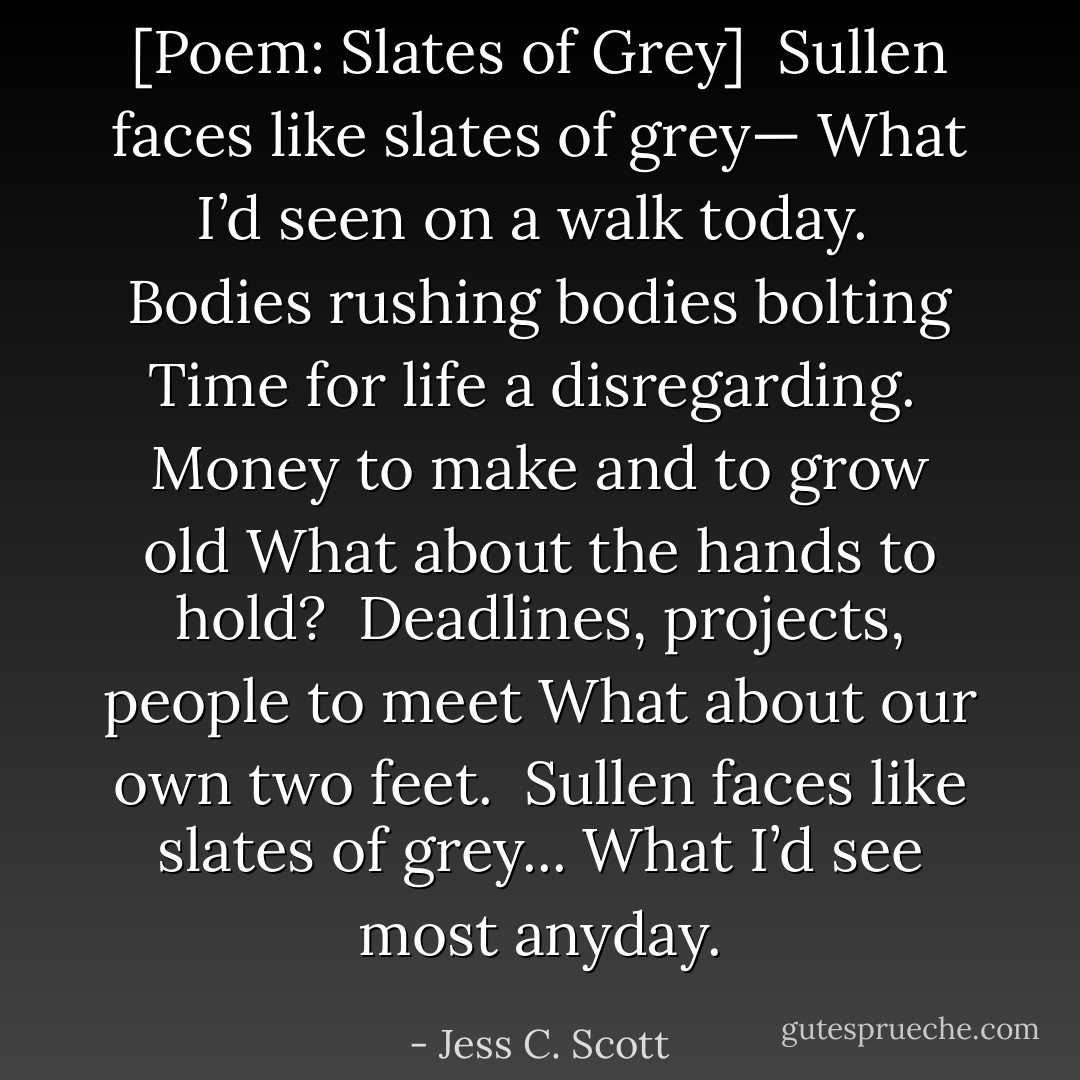 [Poem: Slates of Grey]<br /><br />Sullen faces like slates of grey—<br />What I’d seen on a walk today.<br /><br />Bodies rushing bodies bolting<br />Time for life a disregarding.<br /><br />Money to make and to grow old<br />What about the hands to hold?<br /><br />Deadlines, projects, people to meet<br />What about our own two feet.<br /><br />Sullen faces like slates of grey...<br />What I’d see most anyday. - Jess C. Scott