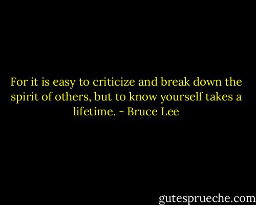 For it is easy to criticize and break down the spirit of others, but to know yourself takes a lifetime. - Bruce Lee