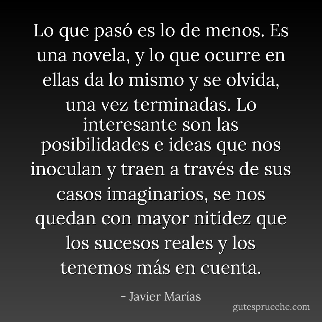 Lo que pasó es lo de menos. Es una novela, y lo que ocurre en ellas da lo mismo y se olvida, una vez terminadas. Lo interesante son las posibilidades e ideas que nos inoculan y traen a través de sus casos imaginarios, se nos quedan con mayor nitidez que los sucesos reales y los tenemos más en cuenta. - Javier Marías