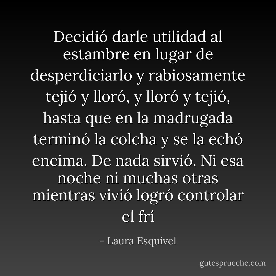 Decidió darle utilidad al estambre en lugar de desperdiciarlo y rabiosamente tejió y lloró, y lloró y tejió, hasta que en la madrugada terminó la colcha y se la echó encima. De nada sirvió. Ni esa noche ni muchas otras mientras vivió logró controlar el frí - Laura Esquivel