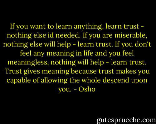If you want to learn anything, learn trust - nothing else id needed. If you are miserable, nothing else will help - learn trust. If you don't feel any meaning in life and you feel meaningless, nothing will help - learn trust. Trust gives meaning because trust makes you capable of allowing the whole descend upon you. - Osho