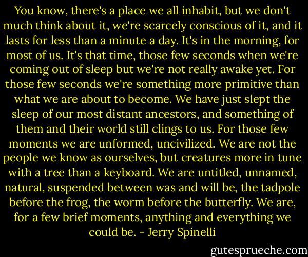 You know, there's a place we all inhabit, but we don't much think about it, we're scarcely conscious of it, and it lasts for less than a minute a day. It's in the morning, for most of us. It's that time, those few seconds when we're coming out of sleep but we're not really awake yet. For those few seconds we're something more primitive than what we are about to become. We have just slept the sleep of our most distant ancestors, and something of them and their world still clings to us. For those few moments we are unformed, uncivilized. We are not the people we know as ourselves, but creatures more in tune with a tree than a keyboard. We are untitled, unnamed, natural, suspended between was and will be, the tadpole before the frog, the worm before the butterfly. We are, for a few brief moments, anything and everything we could be. - Jerry Spinelli