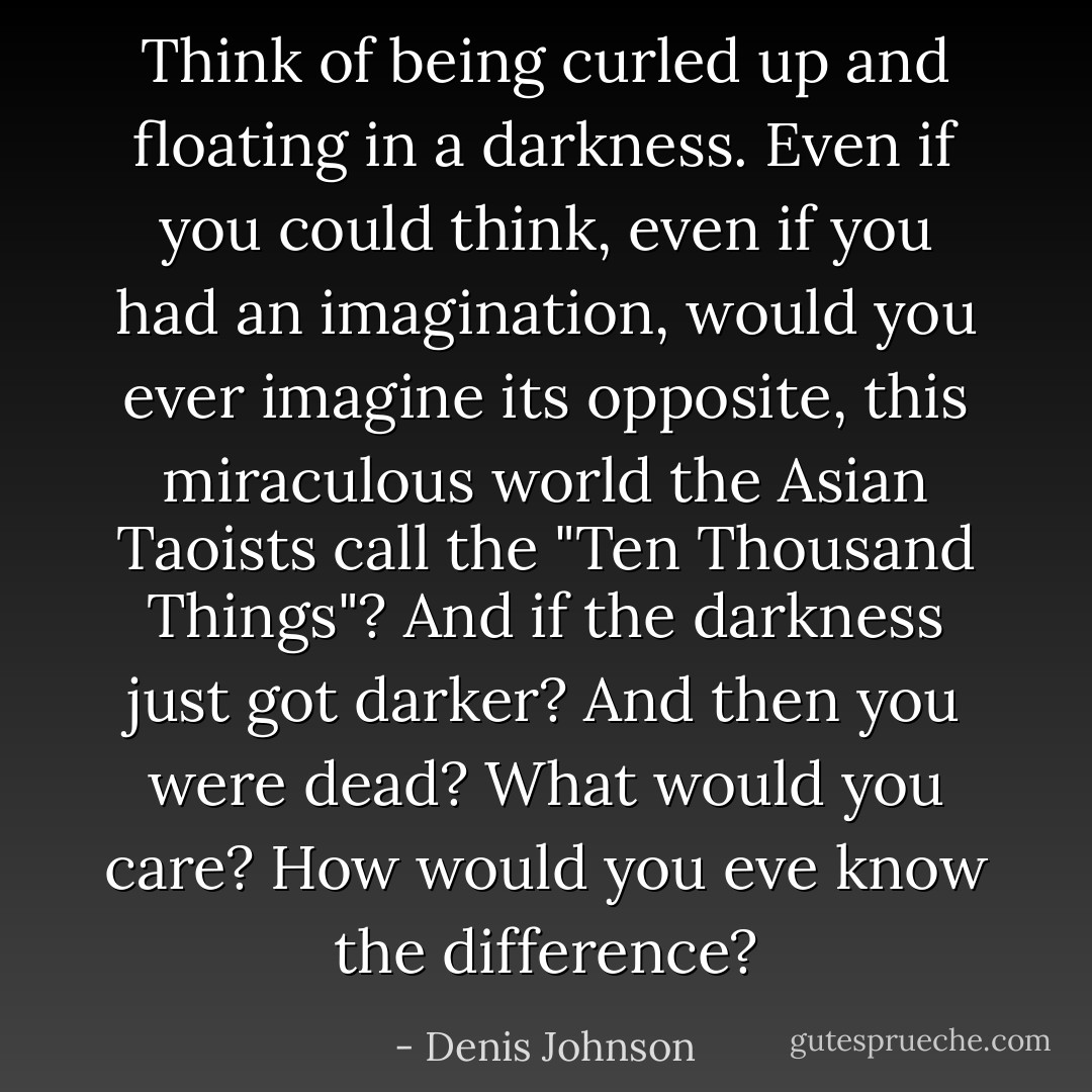 Think of being curled up and floating in a darkness. Even if you could think, even if you had an imagination, would you ever imagine its opposite, this miraculous world the Asian Taoists call the "Ten Thousand Things"? And if the darkness just got darker? And then you were dead? What would you care? How would you eve know the difference? - Denis Johnson