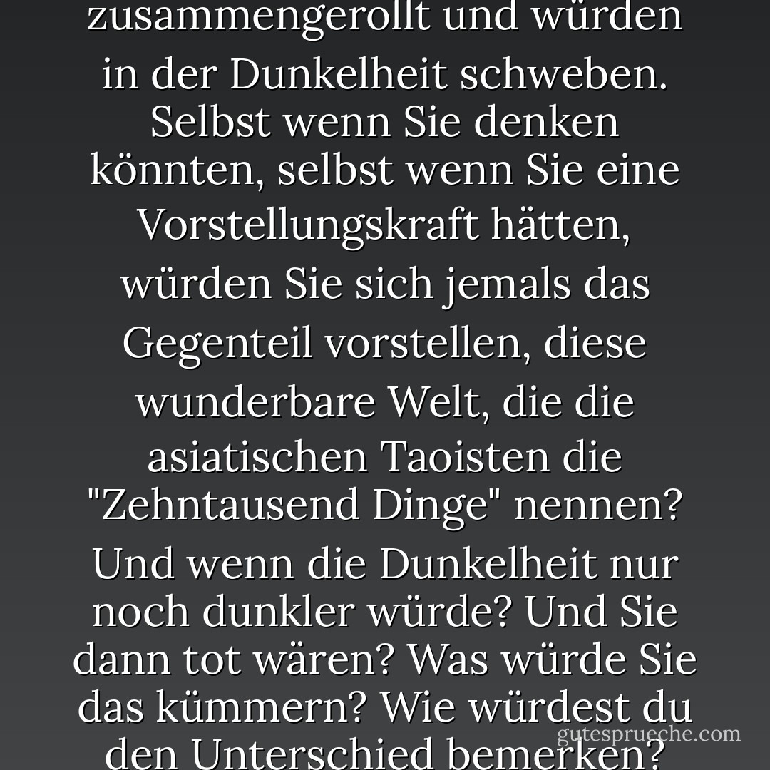 Stellen Sie sich vor, Sie wären zusammengerollt und würden in der Dunkelheit schweben. Selbst wenn Sie denken könnten, selbst wenn Sie eine Vorstellungskraft hätten, würden Sie sich jemals das Gegenteil vorstellen, diese wunderbare Welt, die die asiatischen Taoisten die "Zehntausend Dinge" nennen? Und wenn die Dunkelheit nur noch dunkler würde? Und Sie dann tot wären? Was würde Sie das kümmern? Wie würdest du den Unterschied bemerken? - Denis Johnson<