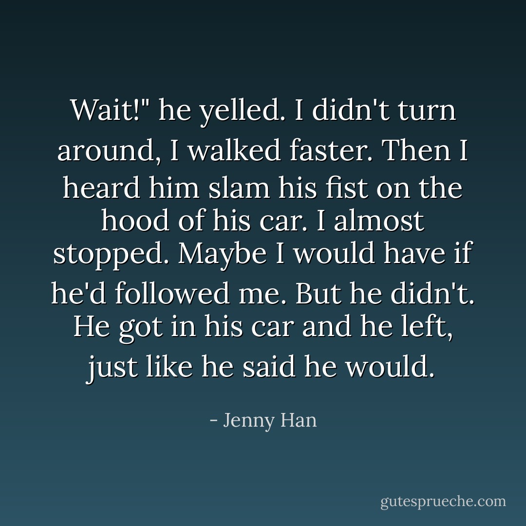 Wait!" he yelled.<br />I didn't turn around, I walked faster. Then I heard him slam his fist on the hood of his car. I almost stopped.<br />Maybe I would have if he'd followed me. But he didn't. He got in his car and he left, just like he said he would. - Jenny Han