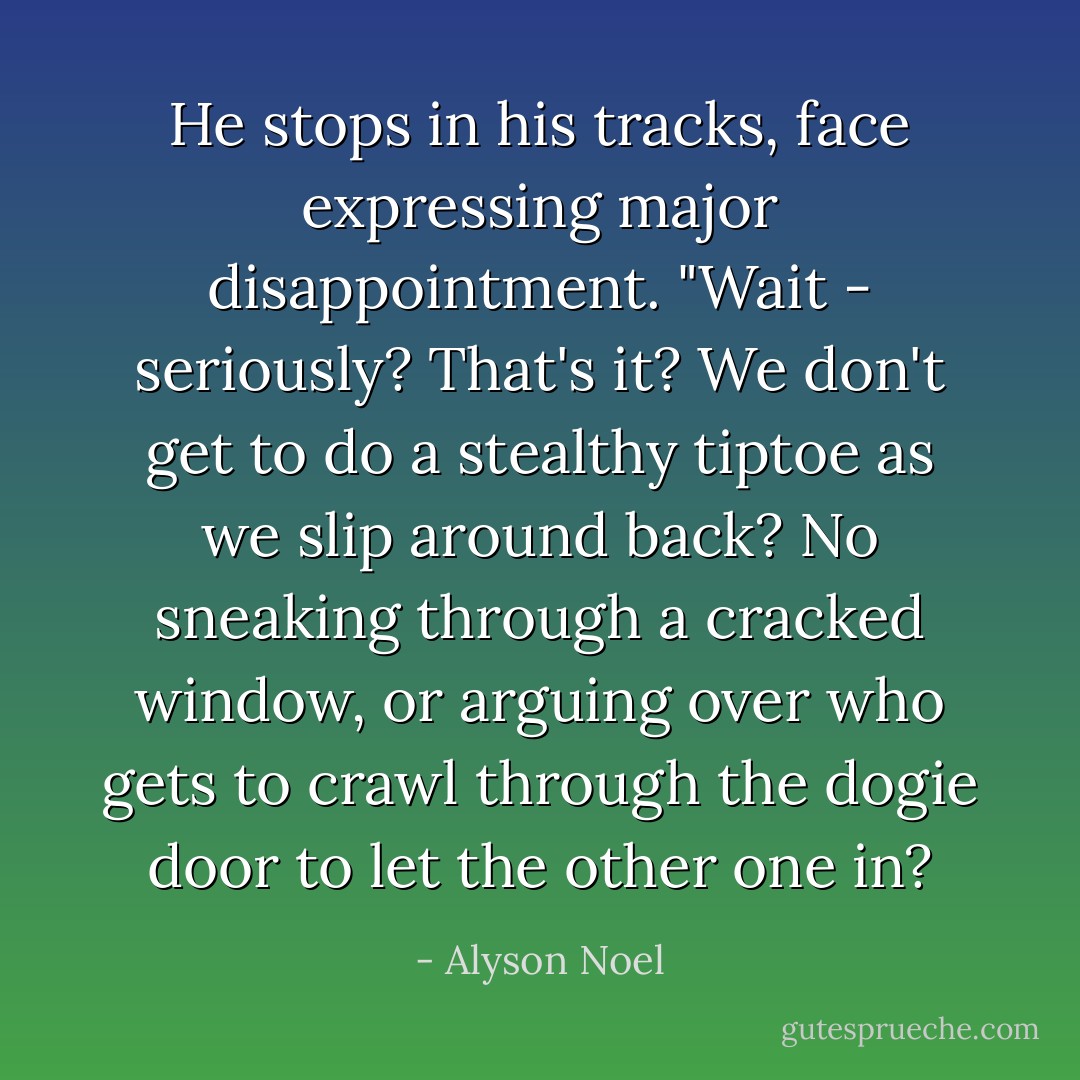He stops in his tracks, face expressing major disappointment. "Wait - seriously? That's it? We don't get to do a stealthy tiptoe as we slip around back? No sneaking through a cracked window, or arguing over who gets to crawl through the dogie door to let the other one in? - Alyson Noel