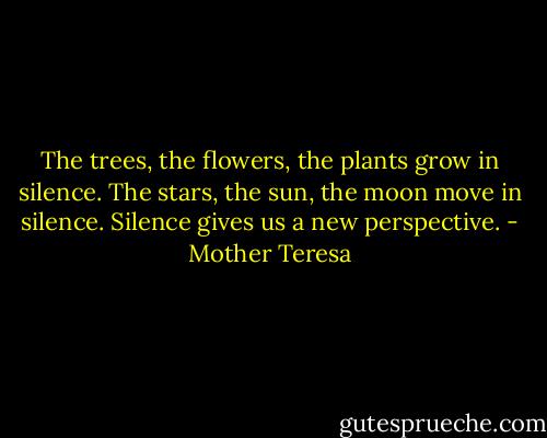 The trees, the flowers, the plants grow in silence. The stars, the sun, the moon move in silence. Silence gives us a new perspective. - Mother Teresa