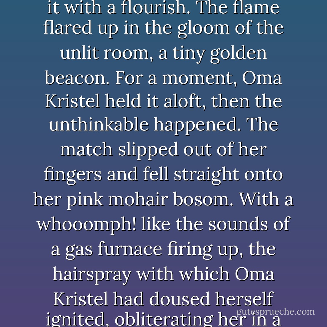 She slid open the box, extracted a match, and struck it with a flourish. The flame flared up in the gloom of the unlit room, a tiny golden beacon. For a moment, Oma Kristel held it aloft, then the unthinkable happened. The match slipped out of her fingers and fell straight onto her pink mohair bosom. With a whooomph! like the sounds of a gas furnace firing up, the hairspray with which Oma Kristel had doused herself ignited, obliterating her in a column of flames. - Helen Grant