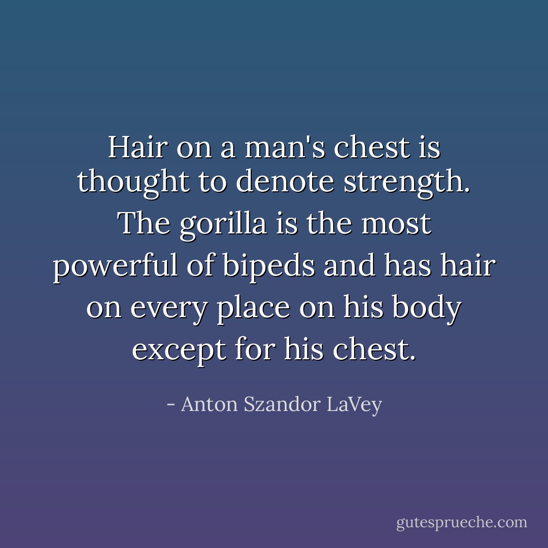 Hair on a man's chest is thought to denote strength. The gorilla is the most powerful of bipeds and has hair on every place on his body except for his chest. - Anton Szandor LaVey