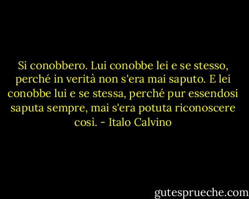 Si conobbero. Lui conobbe lei e se stesso, perché in verità non s'era mai saputo. E lei conobbe lui e se stessa, perché pur essendosi saputa sempre, mai s'era potuta riconoscere così. - Italo Calvino