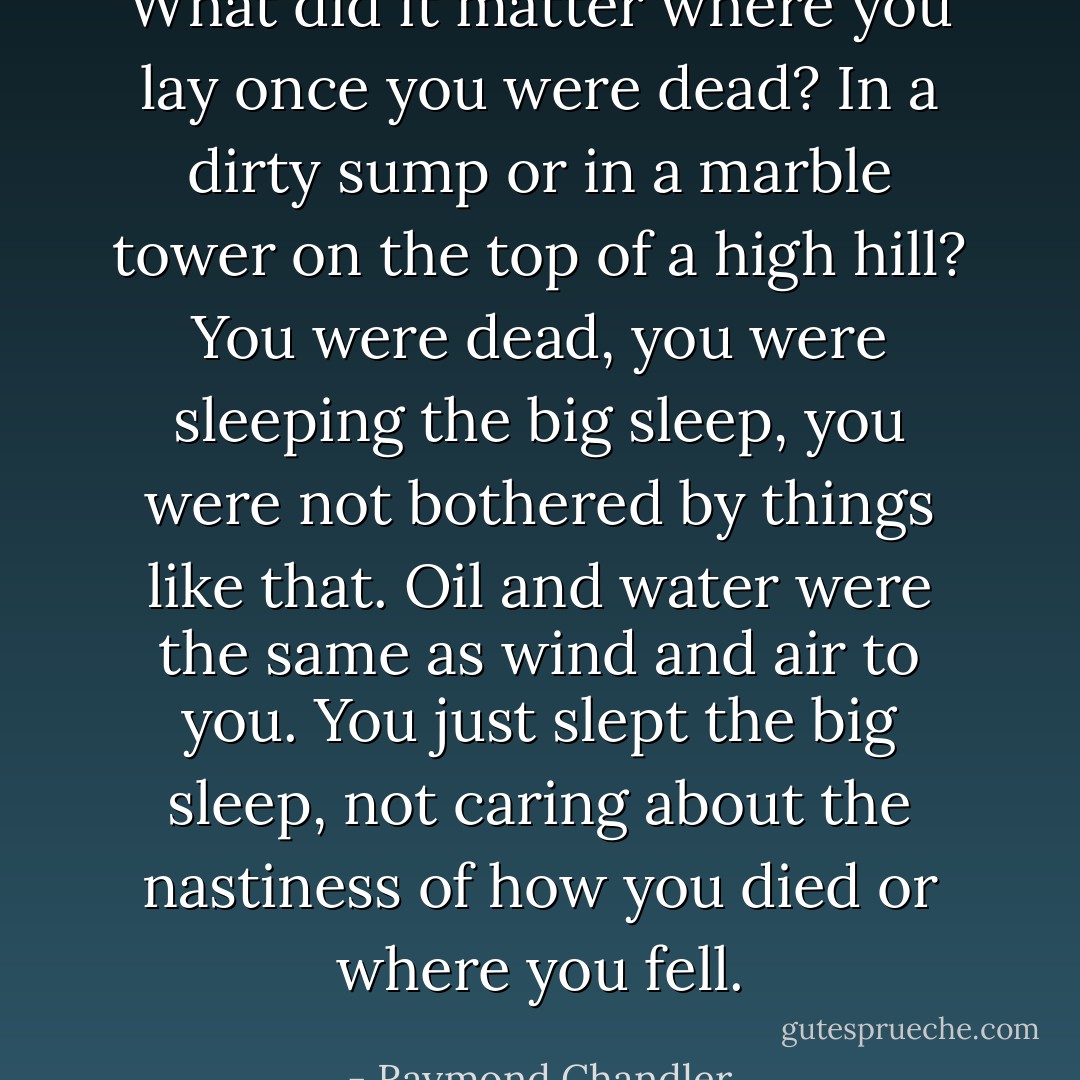 What did it matter where you lay once you were dead? In a dirty sump or in a marble tower on the top of a high hill? You were dead, you were sleeping the big sleep, you were not bothered by things like that. Oil and water were the same as wind and air to you. You just slept the big sleep, not caring about the nastiness of how you died or where you fell. - Raymond Chandler