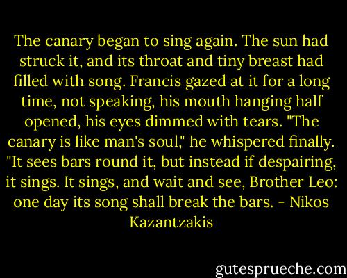 The canary began to sing again. The sun had struck it, and its throat and tiny breast had filled with song. Francis gazed at it for a long time, not speaking, his mouth hanging half opened, his eyes dimmed with tears.<br />"The canary is like man's soul," he whispered finally. "It sees bars round it, but instead if despairing, it sings. It sings, and wait and see, Brother Leo: one day its song shall break the bars. - Nikos Kazantzakis