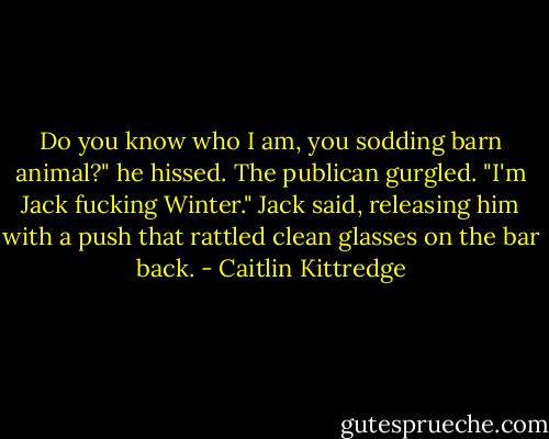 Do you know who I am, you sodding barn animal?" he hissed. The publican gurgled. "I'm Jack fucking Winter." Jack said, releasing him with a push that rattled clean glasses on the bar back. - Caitlin Kittredge