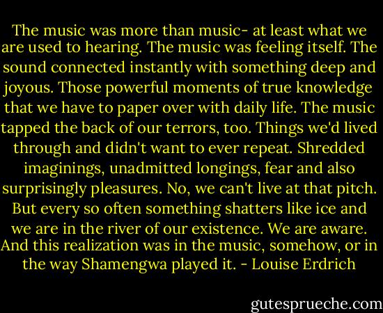 The music was more than music- at least what we are used to hearing. The music was feeling itself. The sound connected instantly with something deep and joyous. Those powerful moments of true knowledge that we have to paper over with daily life. The music tapped the back of our terrors, too. Things we'd lived through and didn't want to ever repeat. Shredded imaginings, unadmitted longings, fear and also surprisingly pleasures. No, we can't live at that pitch. But every so often something shatters like ice and we are in the river of our existence. We are aware. And this realization was in the music, somehow, or in the way Shamengwa played it. - Louise Erdrich