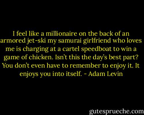 I feel like a millionaire on the back of an armored jet-ski my samurai girlfriend who loves me is charging at a cartel speedboat to win a game of chicken. Isn’t this the day’s best part? You don’t even have to remember to enjoy it. It enjoys you into itself. - Adam Levin