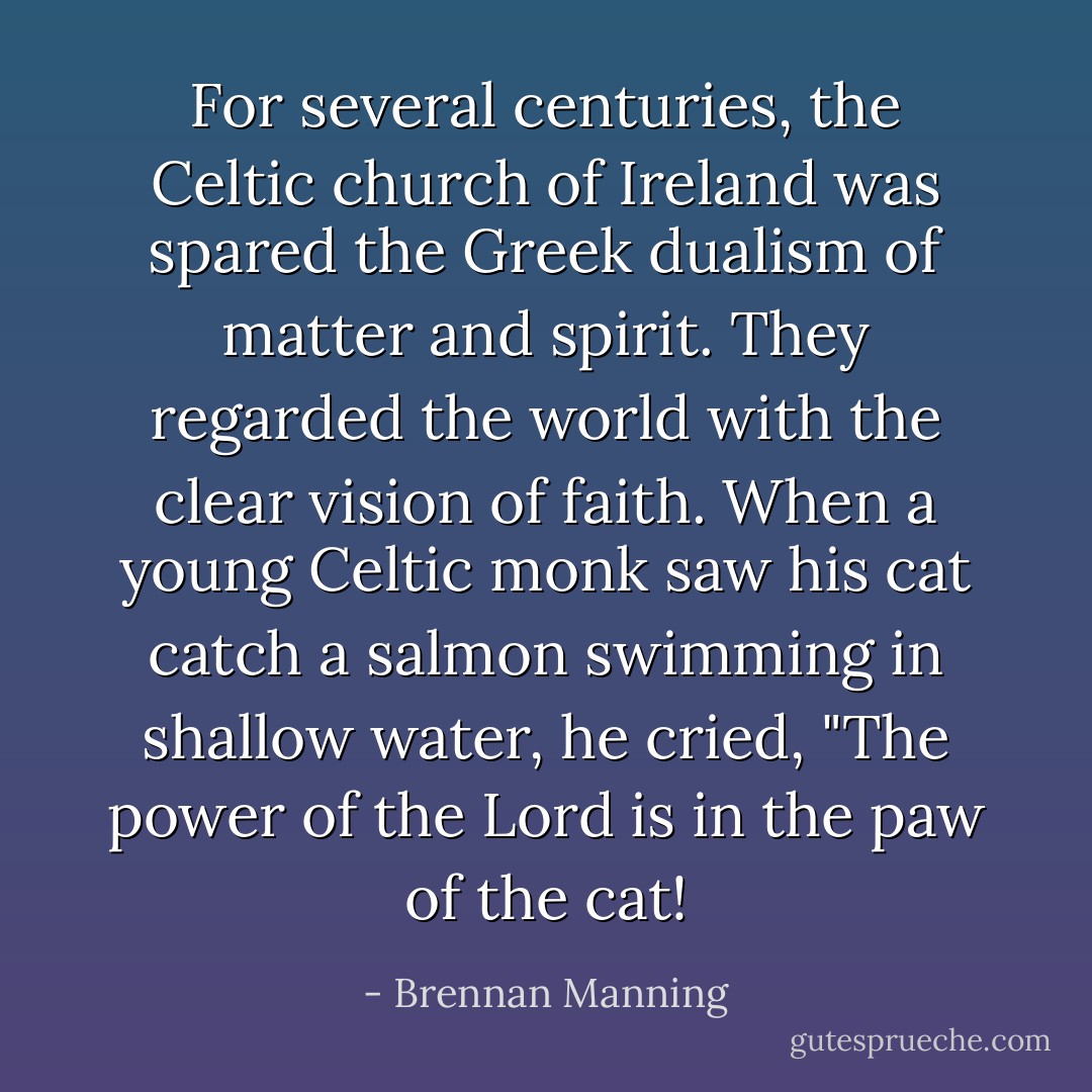 For several centuries, the Celtic church of Ireland was spared the Greek dualism of matter and spirit. They regarded the world with the clear vision of faith. When a young Celtic monk saw his cat catch a salmon swimming in shallow water, he cried, "The power of the Lord is in the paw of the cat! - Brennan Manning
