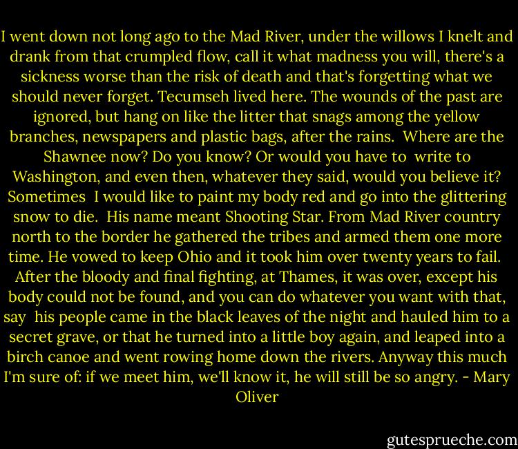 I went down not long ago<br />to the Mad River, under the willows<br />I knelt and drank from that crumpled flow, call it<br />what madness you will, there's a sickness<br />worse than the risk of death and that's<br />forgetting what we should never forget.<br />Tecumseh lived here.<br />The wounds of the past<br />are ignored, but hang on<br />like the litter that snags among the yellow branches,<br />newspapers and plastic bags, after the rains.<br /><br />Where are the Shawnee now?<br />Do you know? Or would you have to <br />write to Washington, and even then,<br />whatever they said,<br />would you believe it? Sometimes<br /><br />I would like to paint my body red and go into<br />the glittering snow<br />to die.<br /><br />His name meant Shooting Star.<br />From Mad River country north to the border<br />he gathered the tribes<br />and armed them one more time. He vowed<br />to keep Ohio and it took him<br />over twenty years to fail.<br /><br />After the bloody and final fighting, at Thames,<br />it was over, except<br />his body could not be found,<br />and you can do whatever you want with that, say<br /><br />his people came in the black leaves of the night<br />and hauled him to a secret grave, or that<br />he turned into a little boy again, and leaped<br />into a birch canoe and went<br />rowing home down the rivers. Anyway<br />this much I'm sure of: if we meet him, we'll know it,<br />he will still be<br />so angry. - Mary Oliver