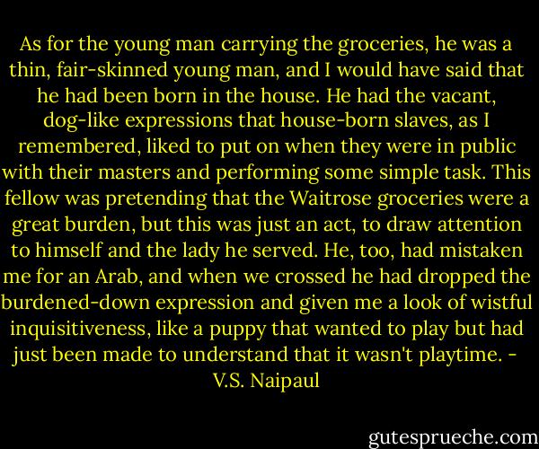 As for the young man carrying the groceries, he was a thin, fair-skinned young man, and I would have said that he had been born in the house. He had the vacant, dog-like expressions that house-born slaves, as I remembered, liked to put on when they were in public with their masters and performing some simple task. This fellow was pretending that the Waitrose groceries were a great burden, but this was just an act, to draw attention to himself and the lady he served. He, too, had mistaken me for an Arab, and when we crossed he had dropped the burdened-down expression and given me a look of wistful inquisitiveness, like a puppy that wanted to play but had just been made to understand that it wasn't playtime. - V.S. Naipaul