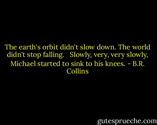 The earth's orbit didn't slow down. The world didn't stop falling. <br /><br />Slowly, very, very slowly, Michael started to sink to his knees. - B.R. Collins