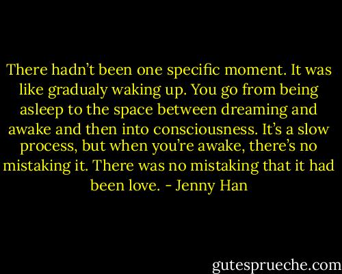 There hadn’t been one specific moment. It was like gradualy waking up. You go from being asleep to the space between dreaming and awake and then into consciousness. It’s a slow process, but when you’re awake, there’s no mistaking it. There was no mistaking that it had been love. - Jenny Han