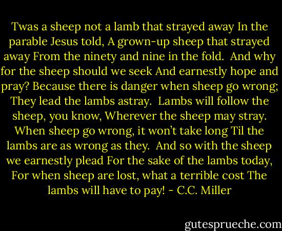 Twas a sheep not a lamb that strayed away<br />In the parable Jesus told,<br />A grown-up sheep that strayed away<br />From the ninety and nine in the fold.<br /><br />And why for the sheep should we seek<br />And earnestly hope and pray?<br />Because there is danger when sheep go wrong;<br />They lead the lambs astray.<br /><br />Lambs will follow the sheep, you know,<br />Wherever the sheep may stray.<br />When sheep go wrong, it won’t take long<br />Til the lambs are as wrong as they.<br /><br />And so with the sheep we earnestly plead<br />For the sake of the lambs today,<br />For when sheep are lost, what a terrible cost<br />The lambs will have to pay! - C.C. Miller